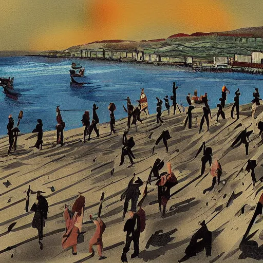 Prompt: This digital art depicts a scene from the Spanish Civil War, which was a time of great turmoil and strife in Spain. The digital art shows a group of people on a beach, with the ocean in the background. The people in the digital art are all different sizes and shapes, and they are all looking in different directions. The digital art is full of color and movement, and it is very expressive. The digital art is also very powerful and emotional, and it has a very strong impact on the viewer. by Linnea Strid amorphous, quiet