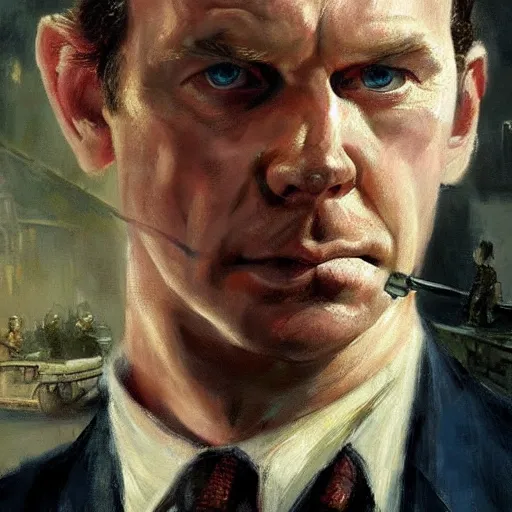 Image similar to ultra realistic portrait painting of simon skinner from hot fuzz, art by frank frazetta, 4 k, ultra realistic, highly detailed, epic lighting