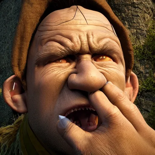 Image similar to a goblin picking his nose, in the style of lord of the rings peter jackson, hyperrealistic, detailed, octane render