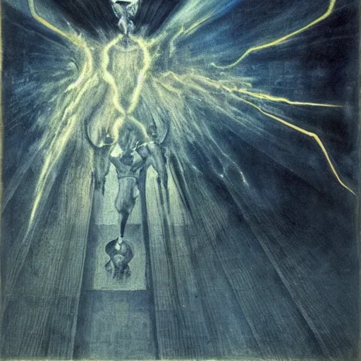 Prompt: I saw Satan fall like lightning from heaven. El Greco, Remedios Varo, Salvador Dali, Carl Gustav Carus, John Atkinson Grimshaw. Blue tint. Symetrical, logo, geometric shapes.