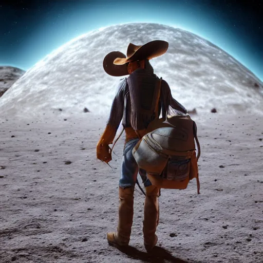 Image similar to cowboy standing on the moon, planet earth background, photorealistic, octane render, blender render, unreal engine, 3 5 mm