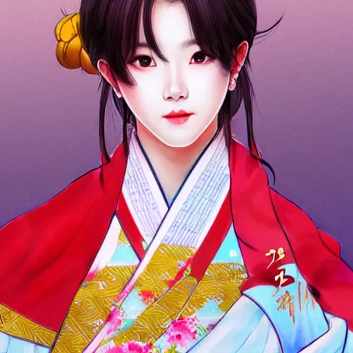 Prompt: Jimin bts in traditional hanbok clothing, by Lim Chuan Shin, rossdraws, artgerm and Mandy jergens