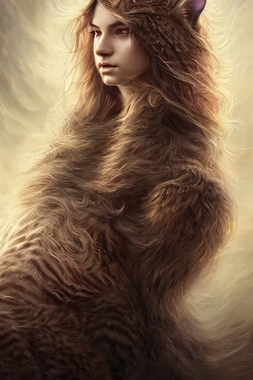 Image similar to majestic and regal portrait of a beautiful young female cat girl!!, intricate, epic, elegant, menacing, fantasy, highly detailed, digital painting, hard focus, beautiful volumetric lighting, epic light, ultra detailed, souls, smoke, by leesha hannigan, ross tran, thierry doizon, kai carpenter, ignacio fernandez rios