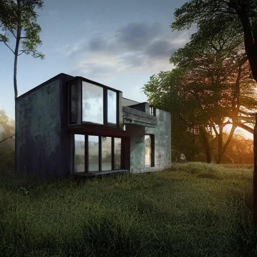 Image similar to a detailed photo of a house in the woods, designed by le corbusier, beautiful sunset, photorealistic, hyperrealistic, octane render