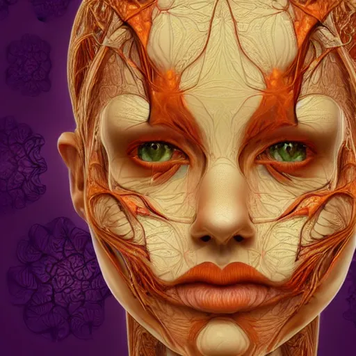 Image similar to face portrait of a beautiful woman, 150 mm, anatomical, flesh, flowers, mandelbrot fractal, veins, arteries, symmetric, intricate, golden ratio, full frame, microscopic, elegant, highly detailed, ornate, ornament, elegant , luxury, beautifully lit, ray trace, octane render in the style of peter Gric , alex grey and Romero Ressendi