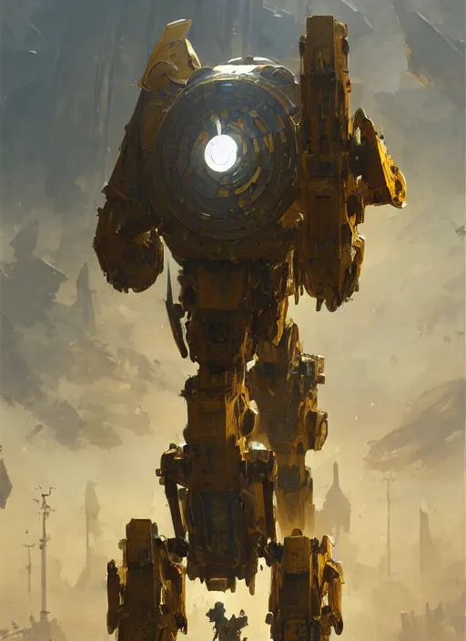 Prompt: human-sized strong intricate yellow pit droid carrying very detailed perfect antique great sword and beautiful large paladin shield, pancake short large head, exposed metal bones, painterly humanoid mecha, epic glorious, by Greg Rutkowski