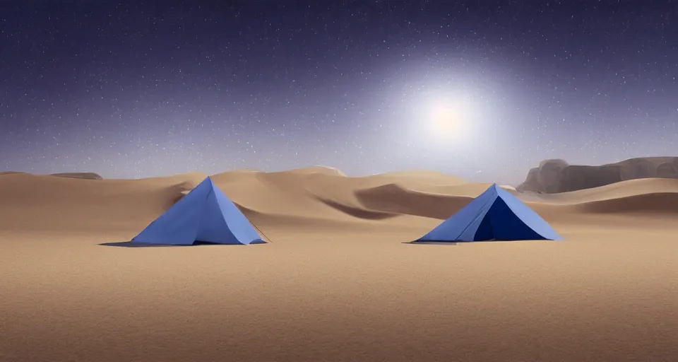 Prompt: hyper realistic matte painting of a small tent in the desert with dunes at night, blue color scheme, artstation, cgsociety