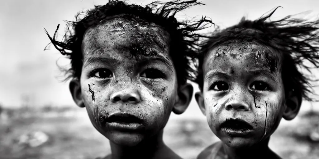 Prompt: a close up head and shoulders portrait of young child with a blank face, by Lee Jeffries, center spread of a fashion magazine, behind in the background are full length group of super models standing silhouetted in a post-apocalyptic wasteland, a storm of nuclear fallout blasts across the scene, the remains of collapsed buildings and burnt out cars, twisted bodies can be seen in the far distance, faces bent downward, hands clawing among the wreakage of their culture, faces scream at the political class that failed them, Highly Detailed