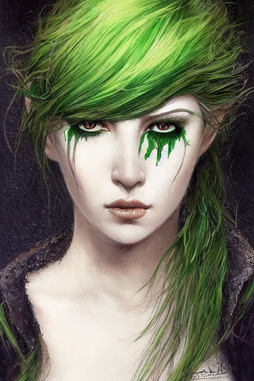 Prompt: beautiful symmetrical portrait of a woman with green hair, feathered silk dress, sparkling eyes, runny make up by luis royo and alan lee