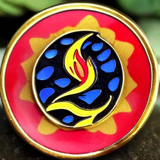 Prompt: vintage enamel pin of a windy fire flame