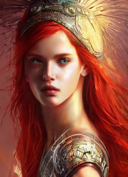 Prompt: sketch of cute beautiful red haired super model as futuristic aphrodite greek goddess wearing a holographic headdress, beautiful piercing gaze with sharp pupils, in the style of greg rutkowski, fantasy, amazing detail, epic, elegant, smooth, sharp focus, front view