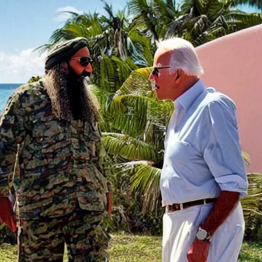 Image similar to ultra realistic candid photograph from osama bin laden with joe biden in bahamas, details intricate