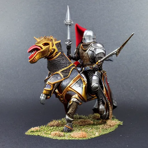 Image similar to D&D, high detail, miniature of medieval knight riding an allosaurus, heavy cavalry, Asgard rising, MyMiniFactory, 28mm scale