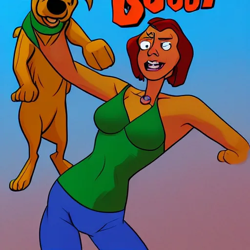Prompt: Scooby Doo, cover art by stephen Bliss, no text, wearing a bikini, holding a gun, trending on artstation