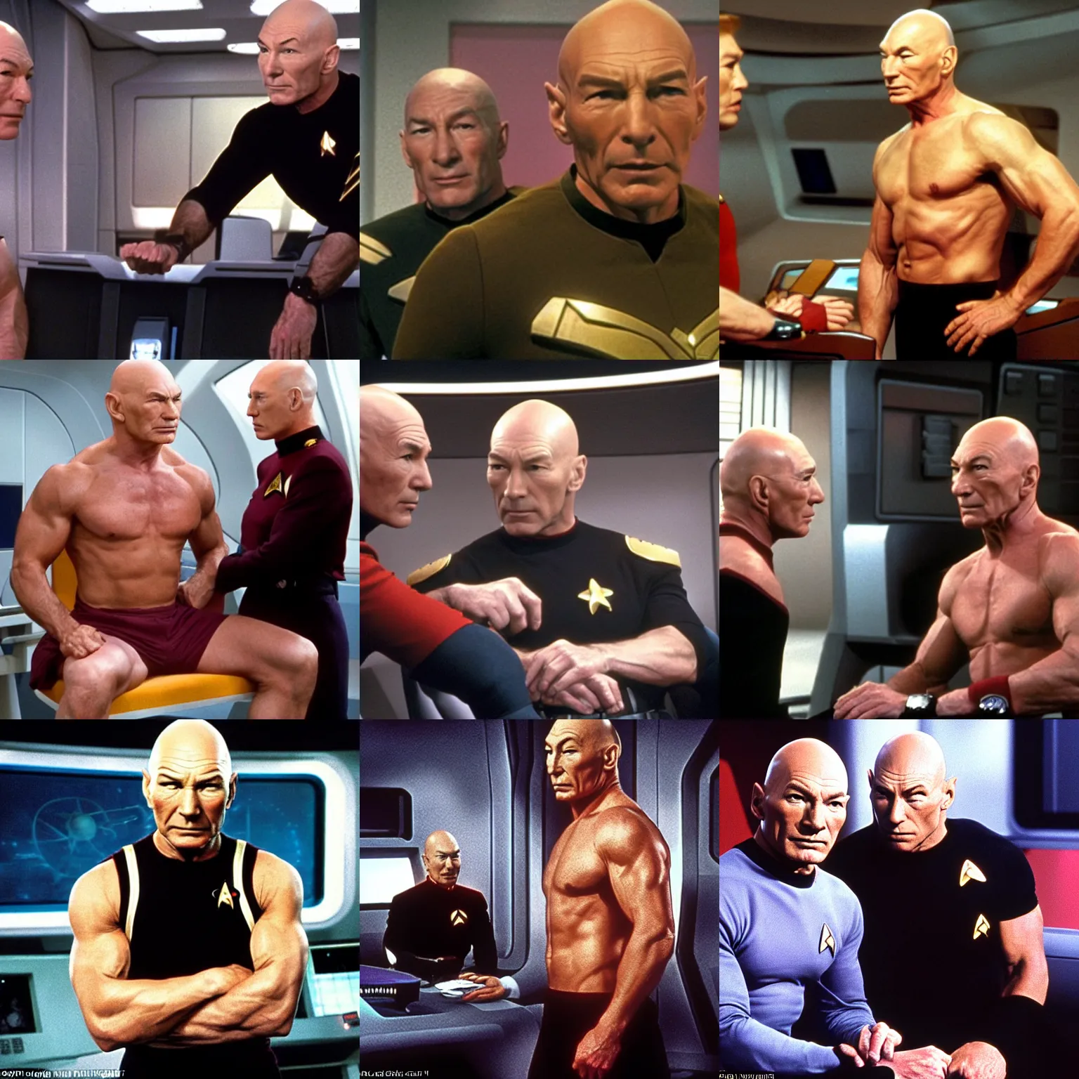 Image similar to strong muscled patrick stewart as jean - luc picard sitting on the captains chair screaming orders, start trek enterprise