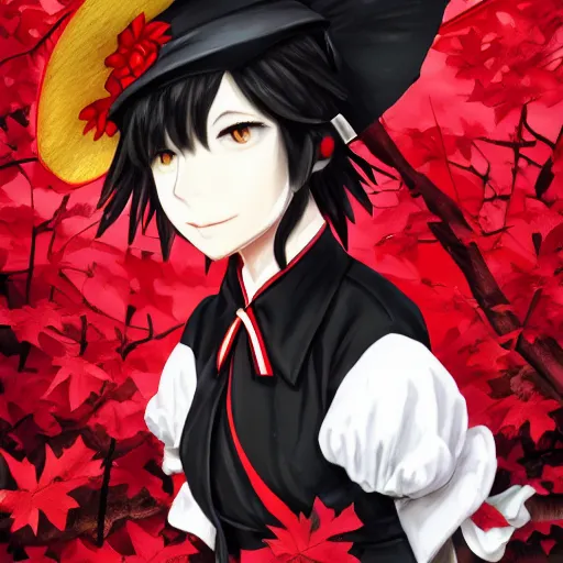 Prompt: touhou aya shameimaru portrait of a female crow tengu journalist with short black hair and a tiny red hexagonal hat, wearing a white shirt and a black and autumn leaf patterned skirt, beautiful and detailed digital art, 4 k hd, ross tran, bo chen, rebecca oborn, michael whelan