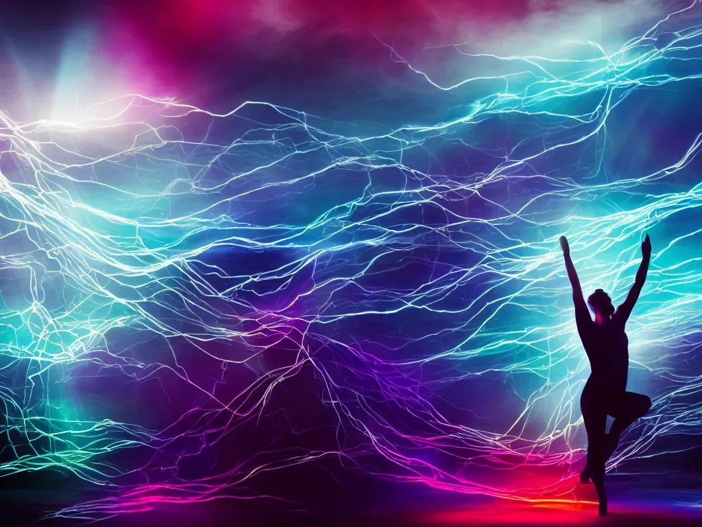 Image similar to a dancer in a rgb backlit environment, heavenly, cables, pc cooling equipment, clouds, mist, realistic