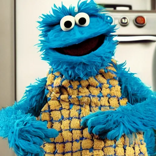 Image similar to Cookie Monster Muppet on Sesame Street smoking weed, happy