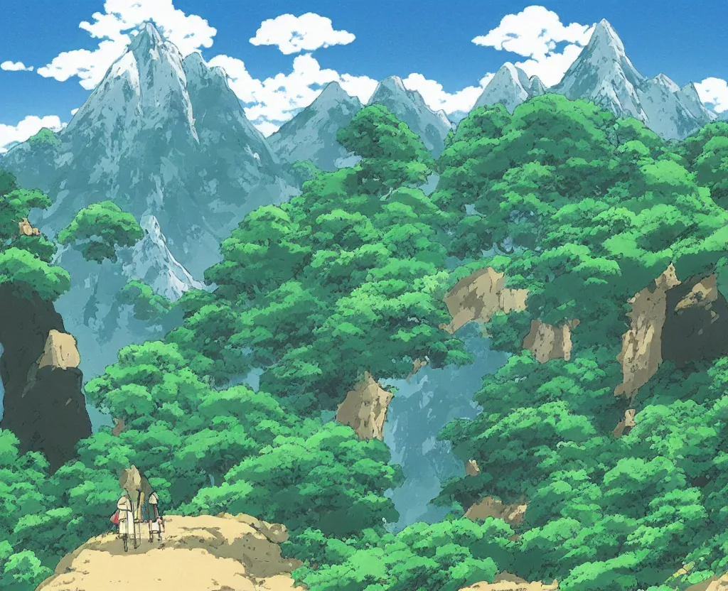 Image similar to a beautiful mountain landscape by studio ghibli