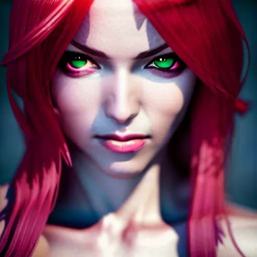 Image similar to Katarina from League of Legends, photorealistic studio portrait, studio lighting, unreal engine 5, hyperrealistic, dynamic lighting, white ambient background, realistic, highly detailed