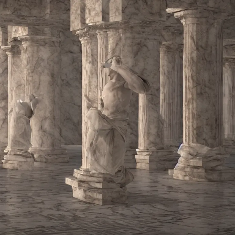 Image similar to octane render portrait by wayne barlow and carlo crivelli and glenn fabry, a first person shooter video game taking place inside an ancient greek mystery cult, fire and smoke, white marble columns, dancers dressed in flowing white togas, cinema 4 d, ray traced lighting, very short depth of field, bokeh