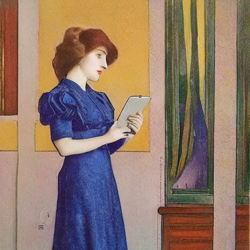Image similar to a 2 1 st century jugendstil dress, woman with ipad