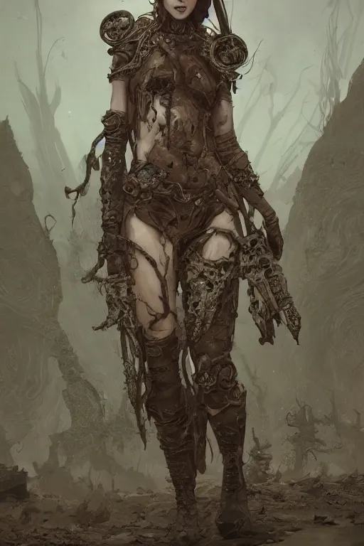 Image similar to a full body portrait of a beautiful post apocalyptic offworld nordic necromancer reposed by the mud pits, intricate, elegant, highly detailed, digital painting, artstation, concept art, smooth, sharp focus, illustration, art by krenz cushart and artem demura and alphonse mucha