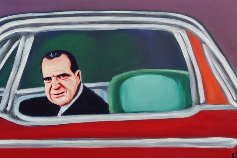 Prompt: “An oil painting of Richard Nixon driving a miniature clown car”