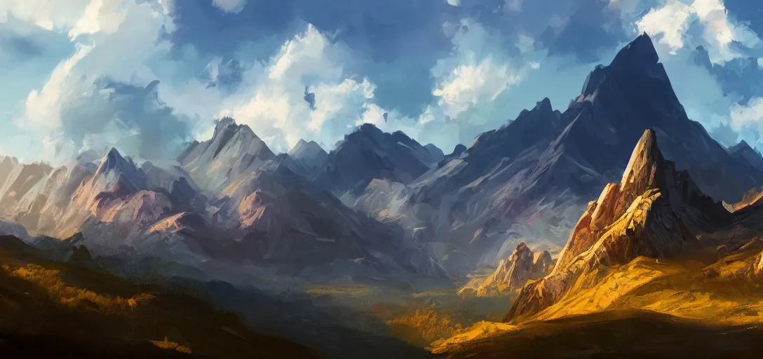 Image similar to mountain landscape, craggy mountains, panoramic, painting, color palette, beautiful sky, sharp peaks, soft foothills, artstation award, highly detailed