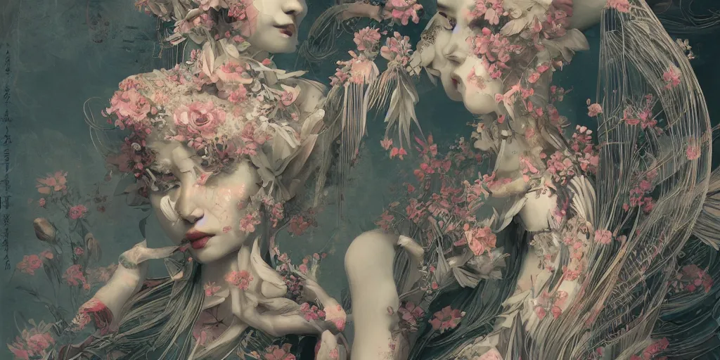 Image similar to breathtaking detailed concept art painting art deco pattern of birds goddesses amalmation flowers, by hsiao - ron cheng, bizarre compositions, exquisite detail, extremely moody lighting, 8 k