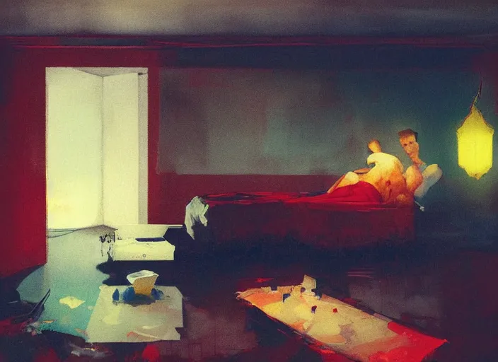 Prompt: lovers beds melting, drips of paint over screens, a lonely lamp dropping shadows, style of James Jean, John Singer Sargant, Edward Hopper and surrealism of Francis Bacon and eerie vibrating colors of Mark Rothko, Greg Rutkowski, dark atmosphere, highly detailed