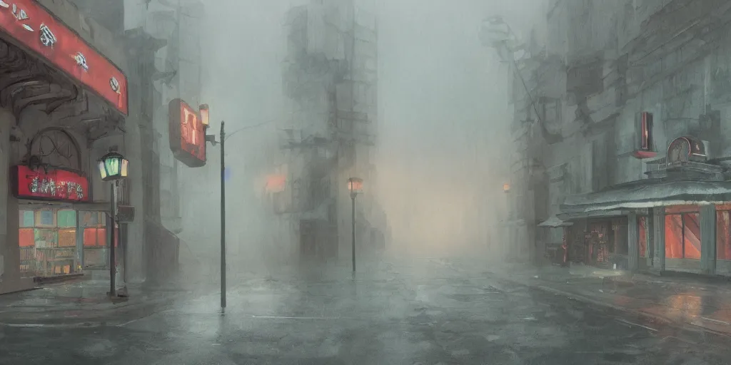 Prompt: an old cinema, foggy rainy day, matte painting, studio ghibli, artstation