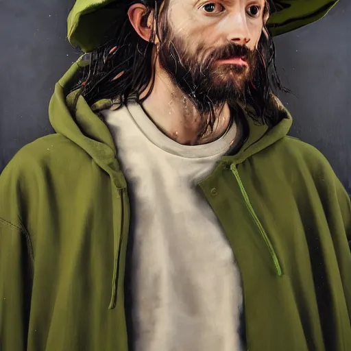 Image similar to a full body lookbook portrait of modern - day jesus wearing olive green yeezy menswear collection by nicola samori, hat and hoodie, detailed, oil painting, hyper realistic, 8 k, yeezy collection