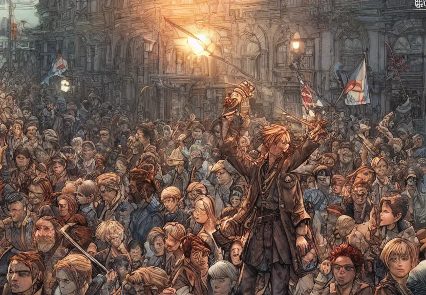 Image similar to i am happy to join with you today in what will go down in history as the greatest demonstration for freedom in the history of our nation. ultrafine detailed colored illustration by kim jung gi, james jean, intricate linework, sharp focus, octopath traveler, final fantasy, unreal engine highly rendered, global illumination, radiant light, intricate environment