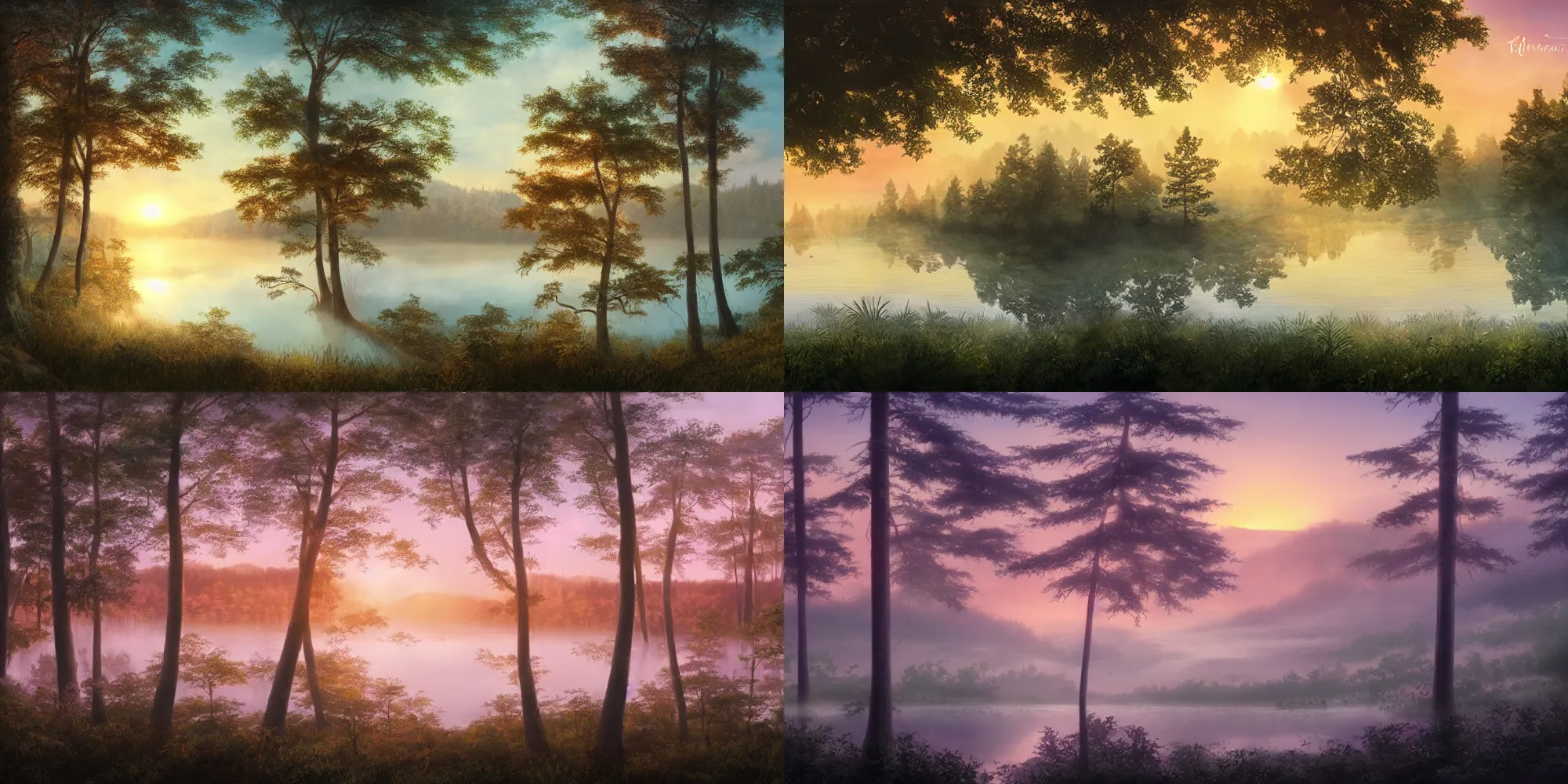 Prompt: forest with lake, fog and sunset backlight, detailed panorama painting by kyoto animation