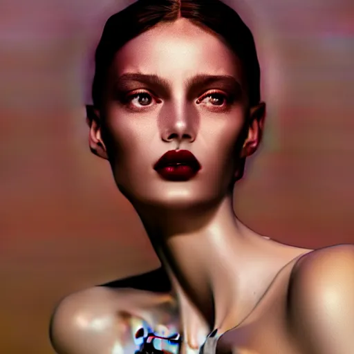 Image similar to photographic portrait of a stunningly beautiful high fashion alluring female in soft dreamy light at sunset, dark lips, contemporary fashion shoot, by edward robert hughes, x annie leibovitz and steve mccurry, david lazar, jimmy nelsson, breathtaking, 8 k resolution, extremely detailed, beautiful, establishing shot, artistic, hyperrealistic, beautiful face, octane render