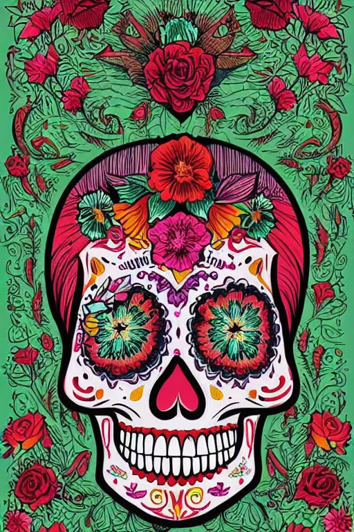 Prompt: Illustration of a sugar skull day of the dead girl, art by kilian eng