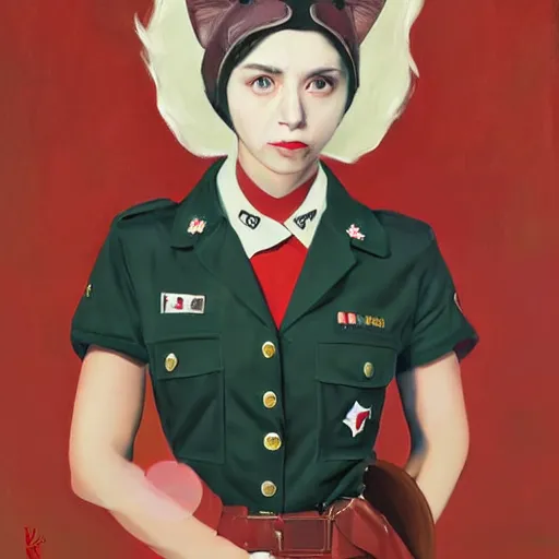 Image similar to oil paining of twentytwo year old female character with cat ears wearing soviet era uniform, wearing a tshirt with a face of karl marx on it, in the style of krenz cushart