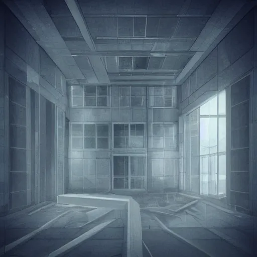 Image similar to “the inside of a huge white building with with many doors and stairs, confusing, clean geometric shapes, sharp lines, creepy, doors, strange dimensions, anime style, detailed background, horror anime”