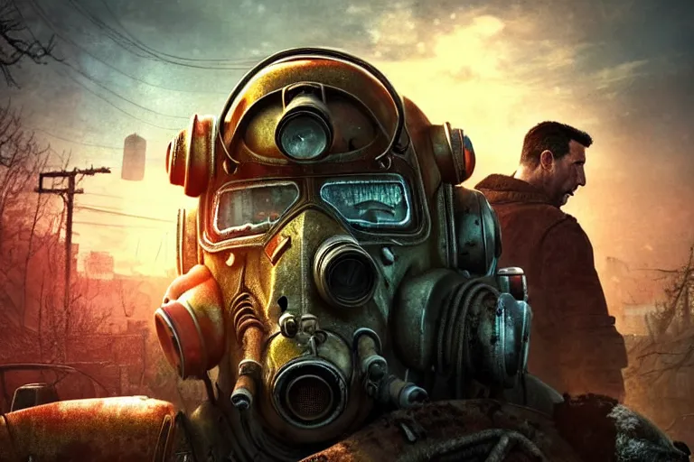 Prompt: fallout 5, adam sandler as protagonist, portrait, outdoors european cityscape, atmospheric lighting, painted, intricate, volumetric lighting, beautiful, daytime, winter, clear weather, mutated wildlife, sharp focus, deep colours, ultra detailed, art by william turner