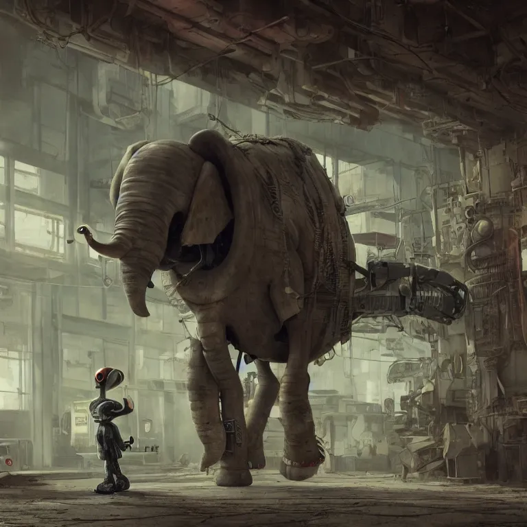 Image similar to a robotic elephant walking through an abandoned gas station in the style of howl's moving castle, 7 0's science fiction comics and enki bilal, cyberpunk, mystical, 8 k, high definition, realism, octane render, cinematic lighting