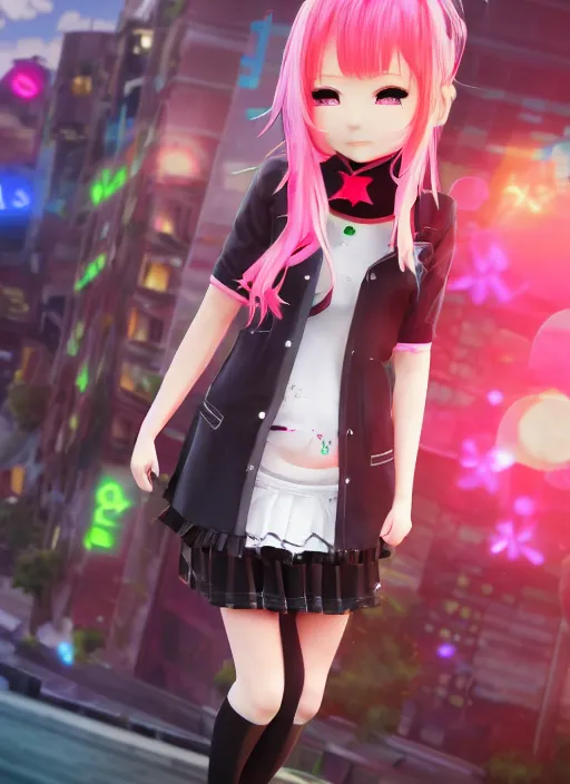 Prompt: anime, vrchat, secondlife, imvu, 3 d model of a girl wearing harajuku colorful clothes, pop colors, kawaii hq render, detailed textures, artstationhd, booth. pm, highly detailed attributes and atmosphere, dim volumetric cinematic lighting, hd, unity unreal engine