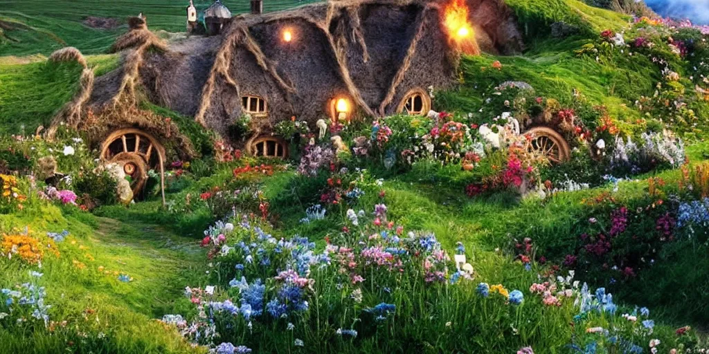 Image similar to a still from howl's moving castle of hobbiton in the shire