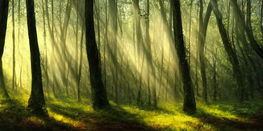 Prompt: An oil painting of an intensely beautiful forest in the morning with straight vertical trees; rays of light coming through the canopy; trending on artstation; extraordinary masterpiece!!!!!!; 8k; haunting beauty