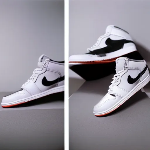 Prompt: a studio photoshoot of Air Jordan 1 sneakers designed by Zaha Hadid, leather and suede, realistic, color film photography by Tlyer Mitchell, 35 mm, graflex