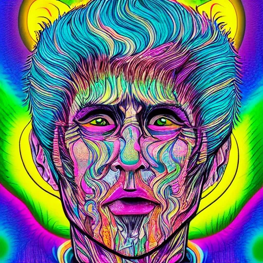 Image similar to a psychedelic godlike humanoid, hyper detailed, in the style of rutkowski and junji ito and bob ross and lisa frank, selfie