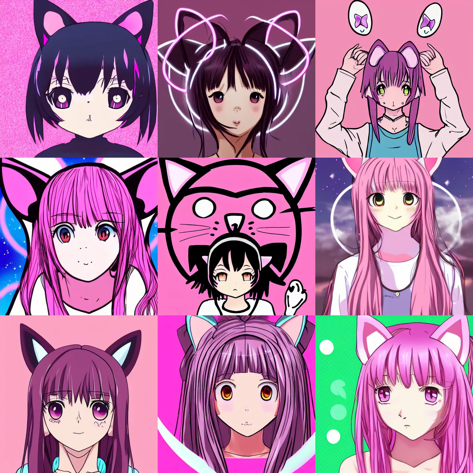 Prompt: frontal portrait of an anime (cat) girl with cat ears drawing magic circles. Pink hue. Beautiful