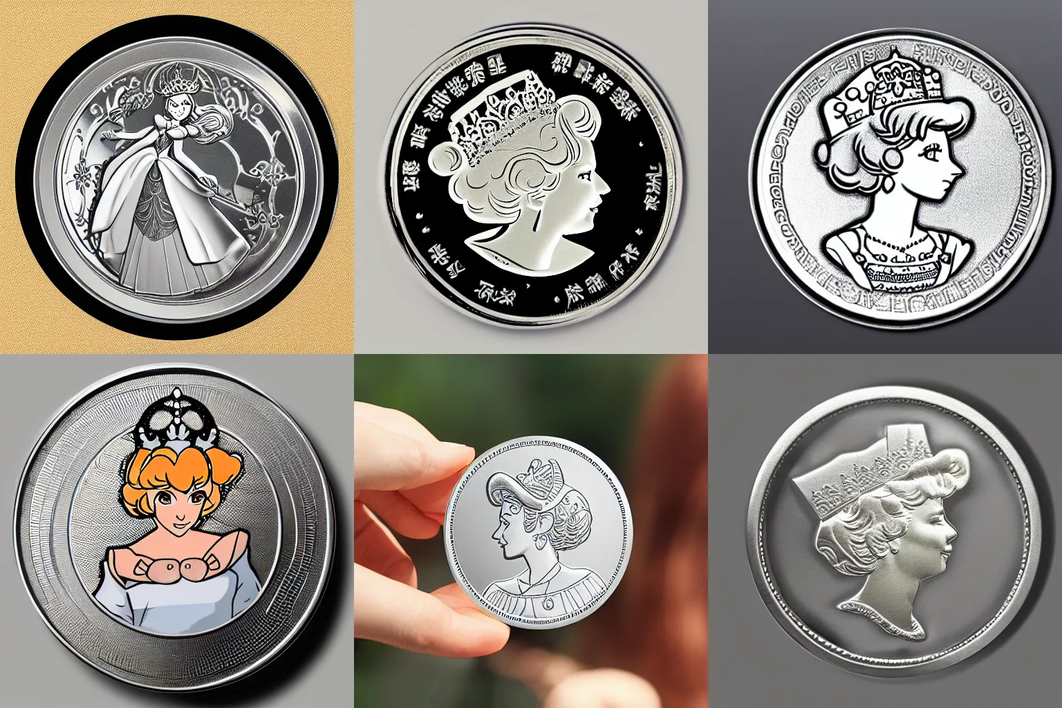 Prompt: silver coin embossed with princess peach, photograph