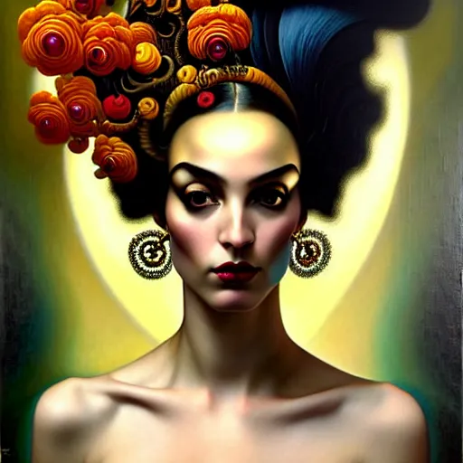 Image similar to dynamic composition, a painting of a woman with hair of flowers and raven plummage wearing ornate earrings, a surrealist painting by tom bagshaw and jacek yerga and tamara de lempicka and jesse king, featured on cgsociety, pop surrealism, surrealist, dramatic lighting, wiccan, pre - raphaelite, ornate gilded details