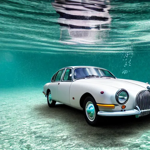 Prompt: hyperrealistic photo of an old jaguar car underwater in a swimming pool, 4 k, 8 k, thin film, full shot